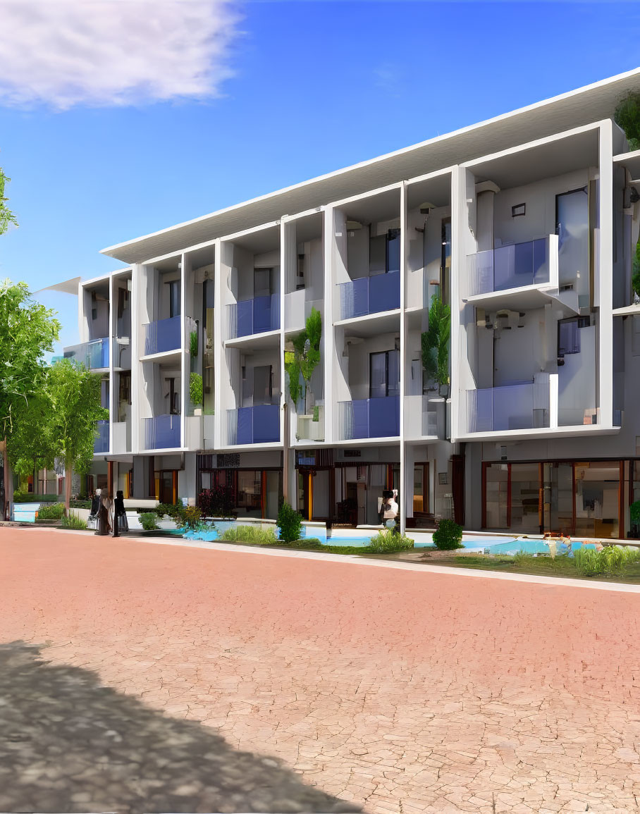 Urban apartment building with balconies, pedestrians, and green surroundings under blue sky