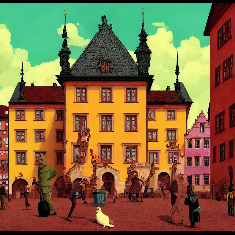 Vibrant animated European square with people, dog, and yellow building