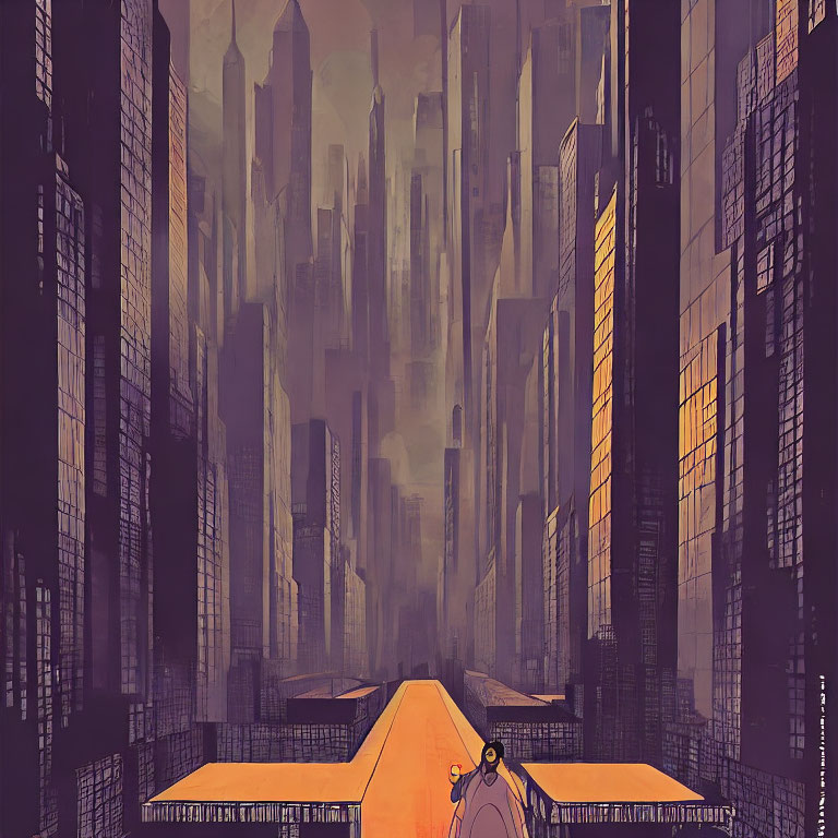 Illustration of person on elevated road surrounded by skyscrapers in orange and purple hues