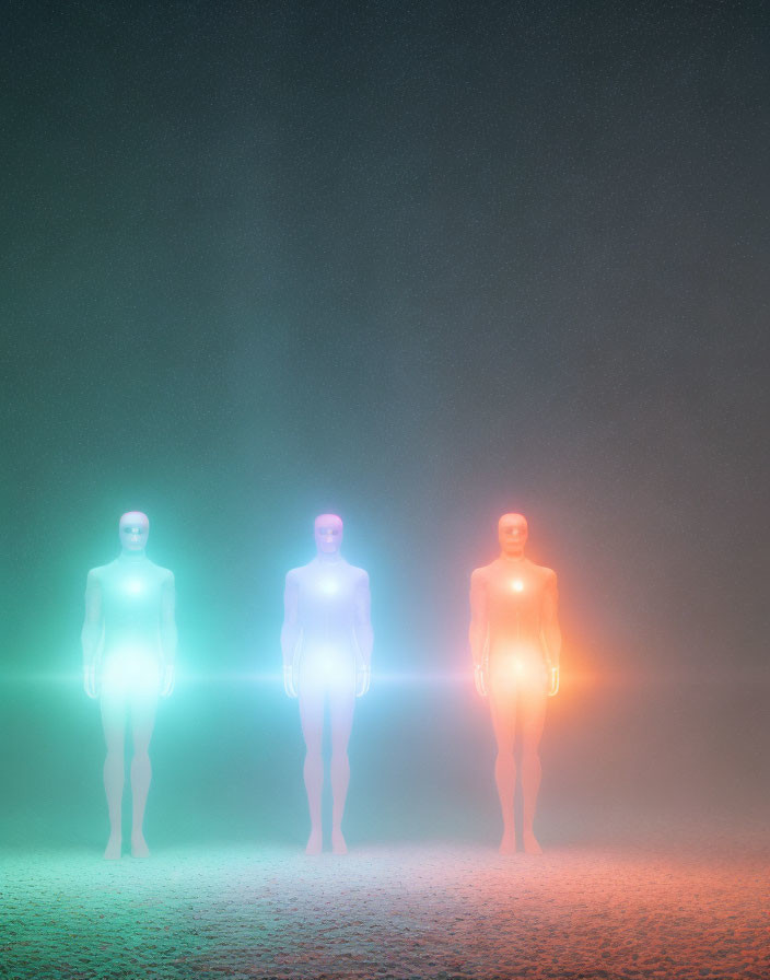 Ethereal human-like figures glowing in misty environment