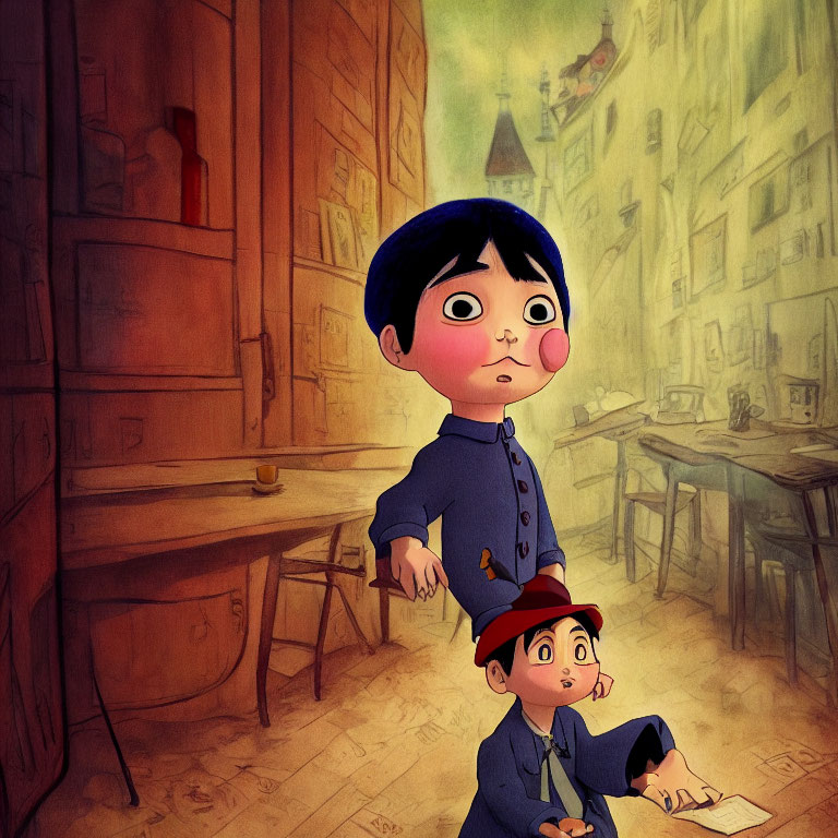 Cartoon image featuring a small boy with a red nose in a blue suit and another character anxiously