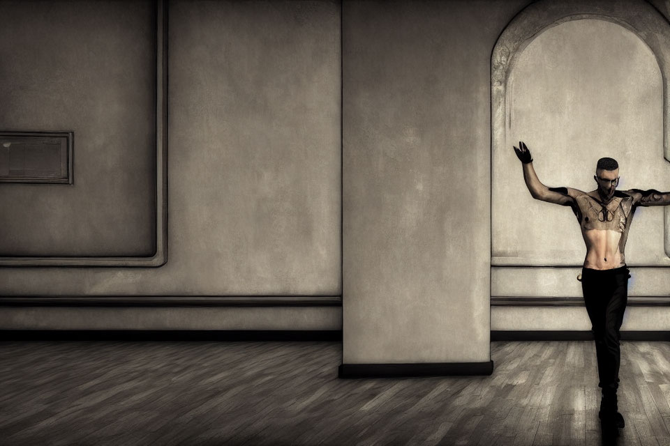 Tattooed man dancing in room with classical architecture