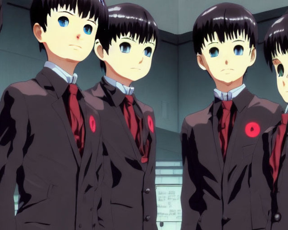 Four Female Anime Characters in Matching Uniforms with Red Armbands