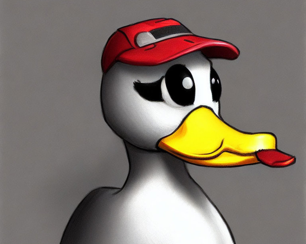 Anthropomorphic Duck with Red Cap and Orange Beak on Grey Background