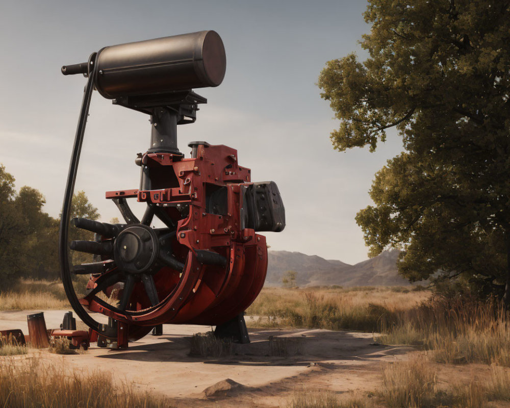 Vintage Red and Black Cast Iron Steam Engine Outdoors