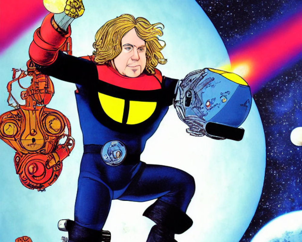 Illustration of character with flowing hair, gauntlet, and helmet in space with planets, moon,