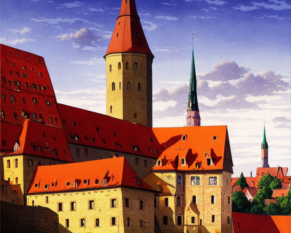 European Medieval Town Illustration with Red-Roofed Buildings and Pointed Towers