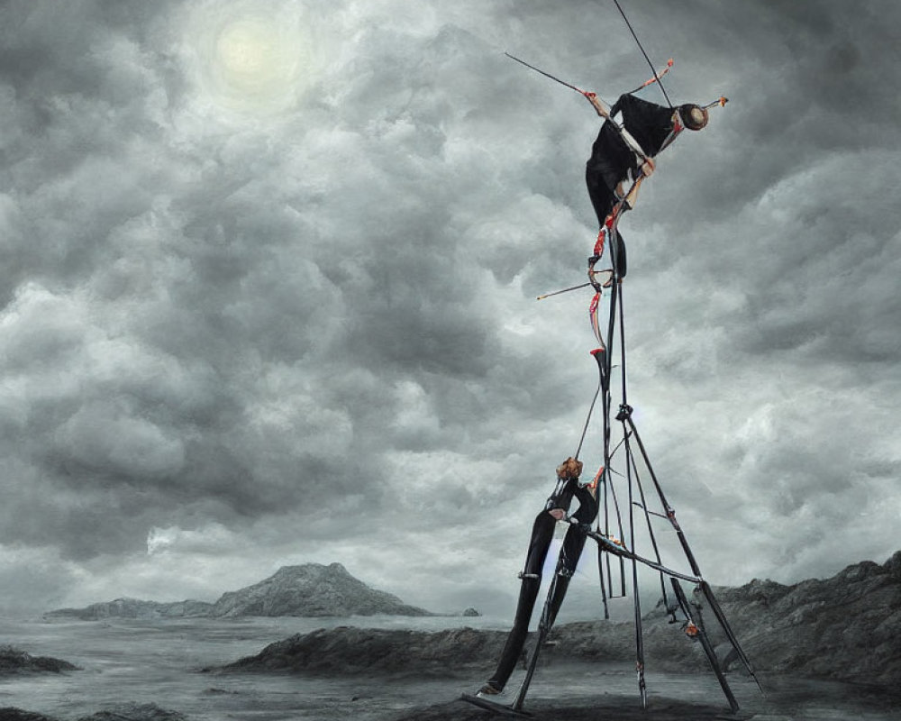 People climbing on ladders under stormy sky in surreal scene