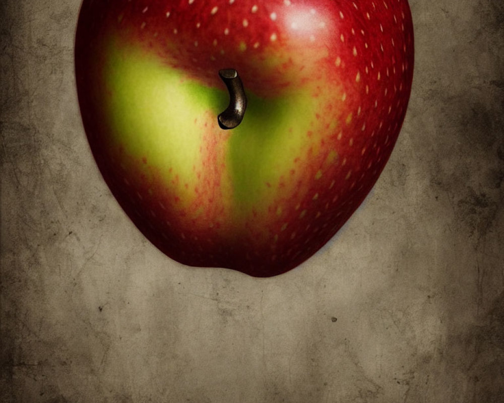 Ripe red apple with prominent stem on textured neutral background