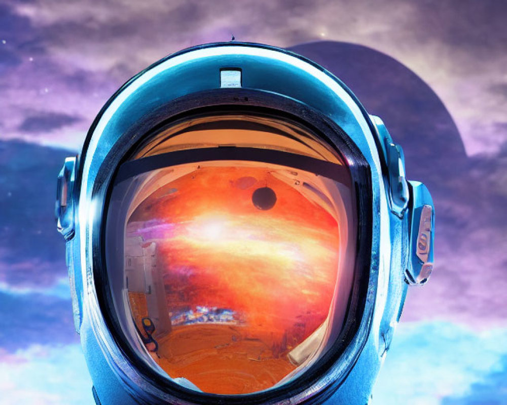 Reflective Astronaut Helmet in Surreal Alien Landscape