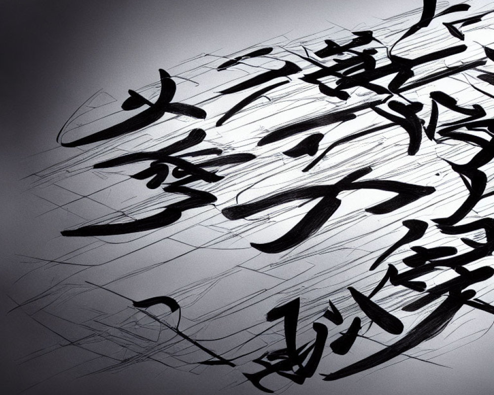 Black Calligraphy Strokes on Textured Gray Background with Asian Characters