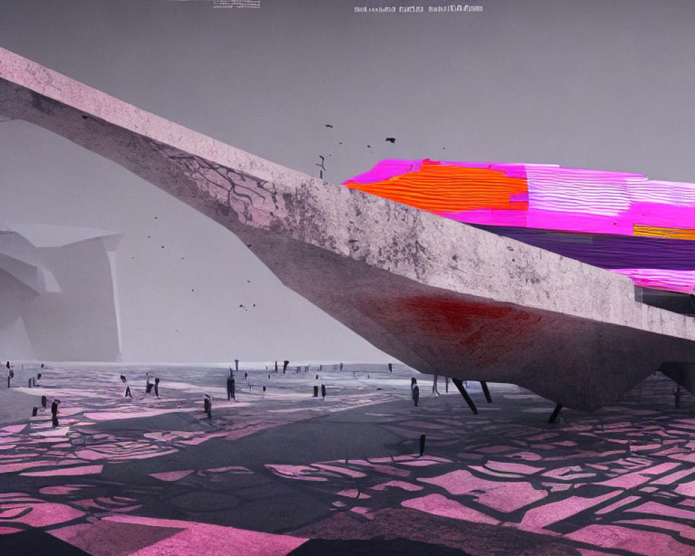 Futuristic architectural structure with large overhang and pink-grey color scheme featuring Asian characters.