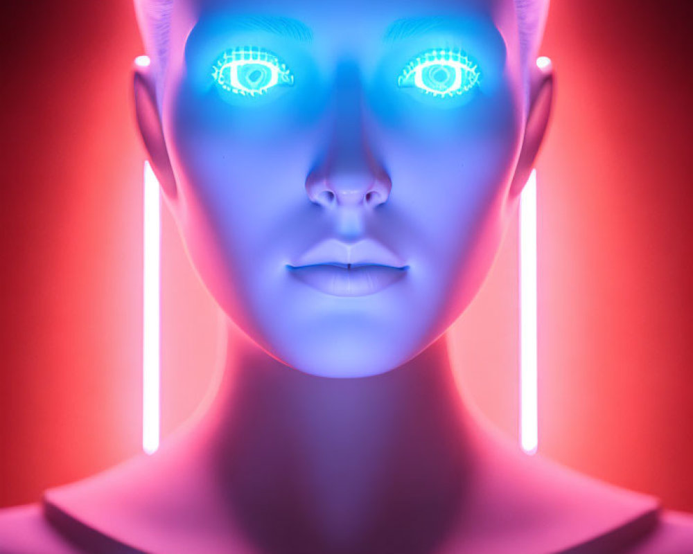 Futuristic female figure with glowing blue eyes and cybernetic details