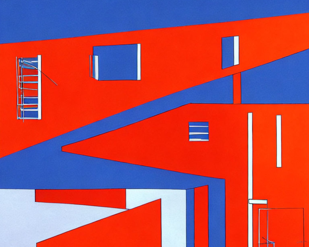 Geometric Abstract Painting in Red and Blue Tones with Architectural Elements