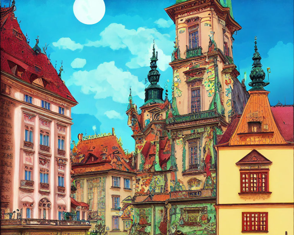 European Town Square Dusk Illustration with Historical Buildings