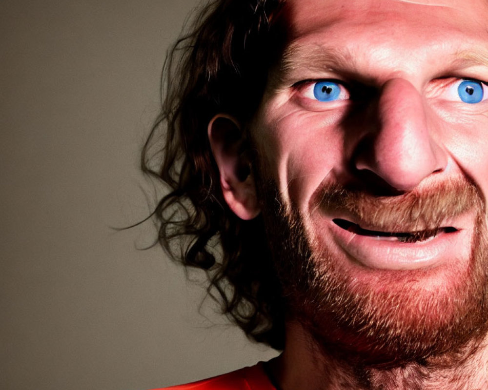 Smiling man with blue eyes, curly hair, and beard on grey background