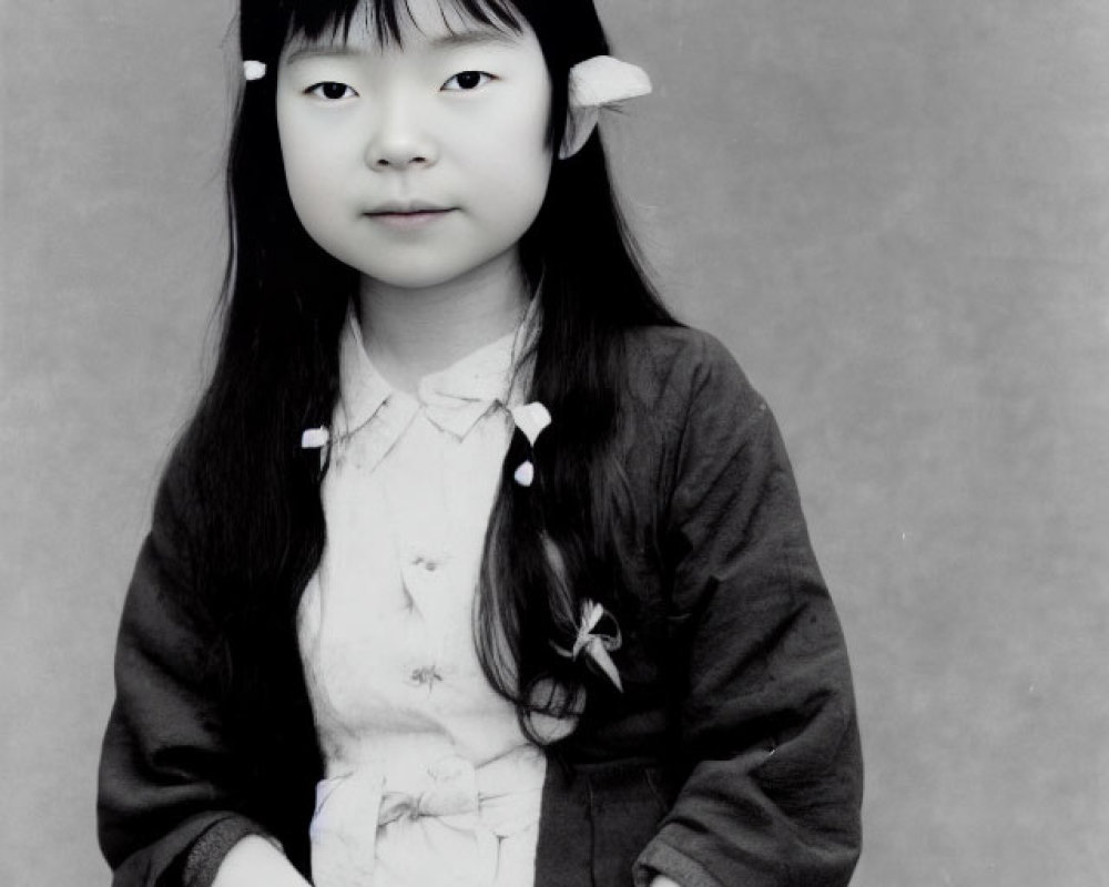 Monochrome portrait of young girl with flowers in hair