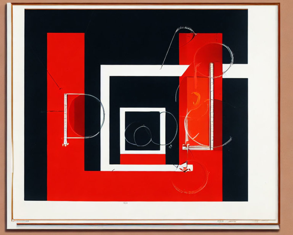 Geometric Abstract Artwork with Red, Black, and White Shapes