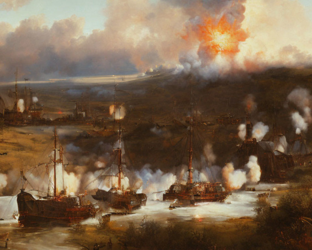 19th-Century Landscape Painting: Industrial Harbor with Steamships and Fiery Sunset