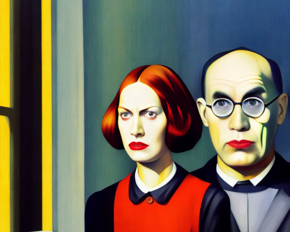 Surreal painting: stern couple, man in glasses, woman with red hair, vibrant yellow and