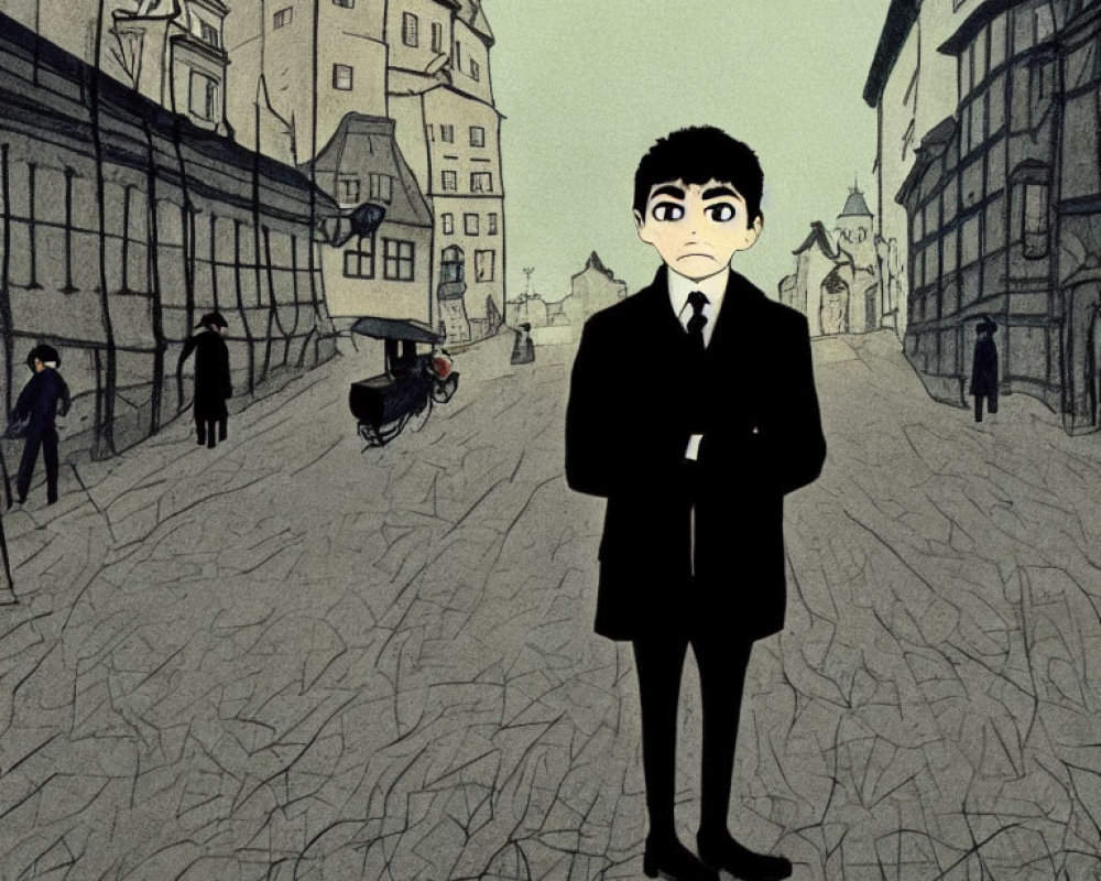 Illustrated young man in suit on bustling city street with vintage cars