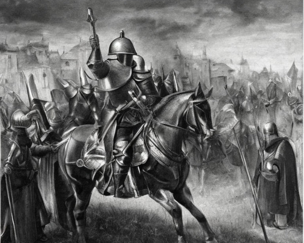 Monochrome drawing of medieval army with soldiers in armor and mounted knight