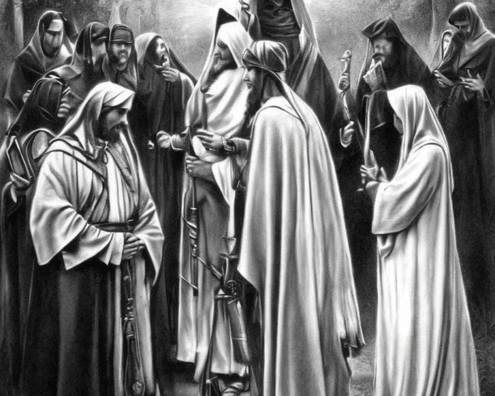 Monochrome illustration of robed figures in historic or religious setting