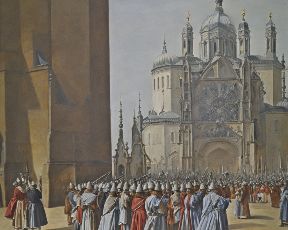 Historical military procession with soldiers and cathedral in painting