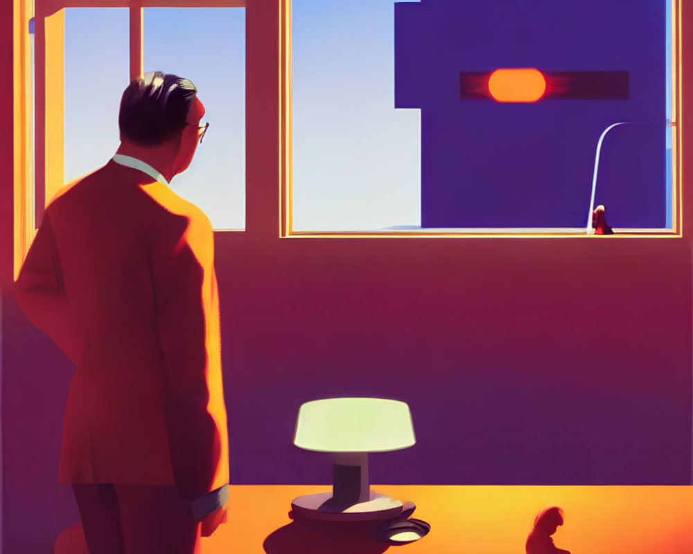 Man in suit looking at colorful sunset with small figure on windowsill