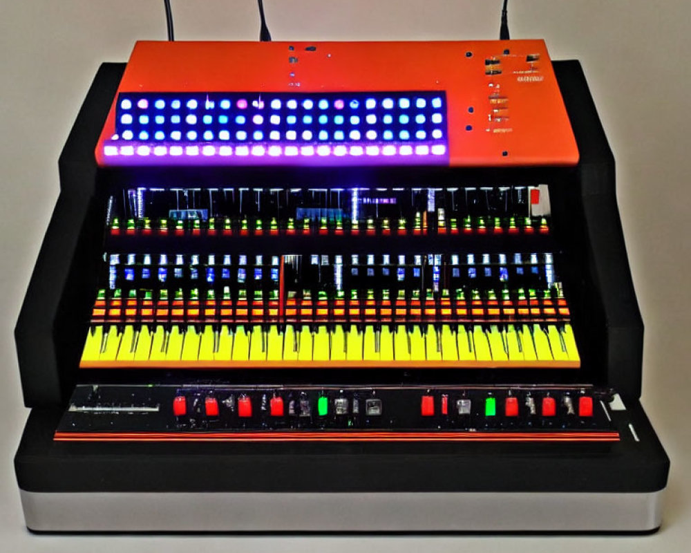 Vibrant electronic musical instrument with keyboard, knobs, and light-up buttons