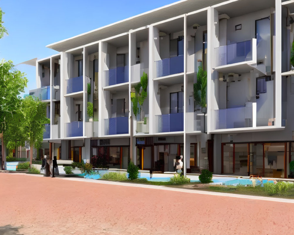 Urban apartment building with balconies, pedestrians, and green surroundings under blue sky