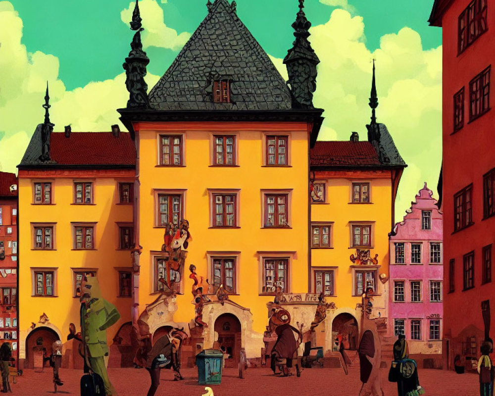 Vibrant animated European square with people, dog, and yellow building