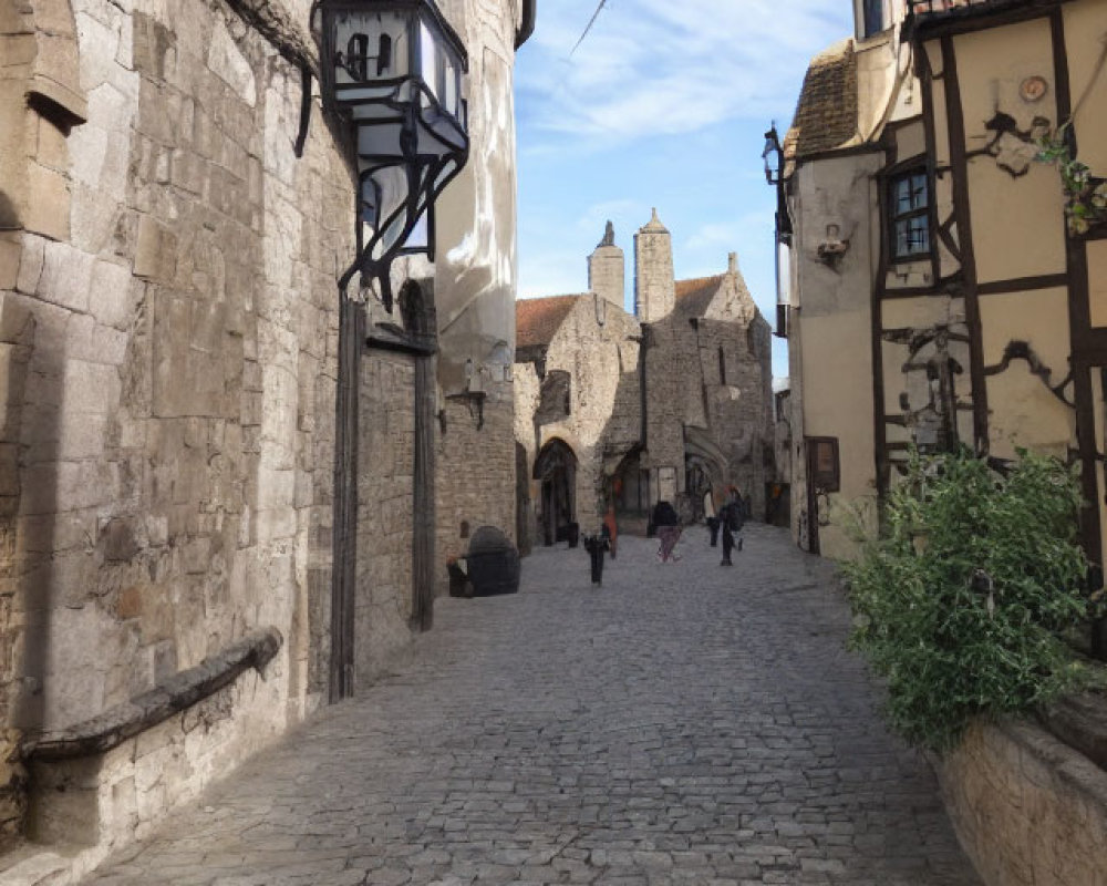 European-style cobblestone street with old buildings, lanterns, and pedestrians under clear sky