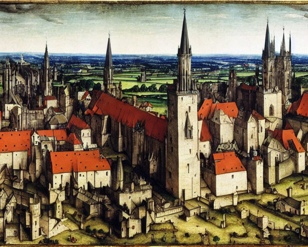 Renaissance-era painting: Aerial view of medieval European city