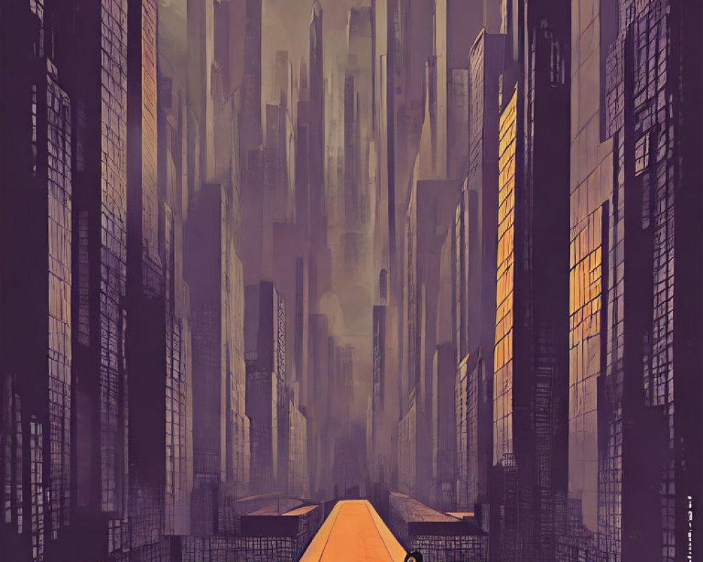 Illustration of person on elevated road surrounded by skyscrapers in orange and purple hues