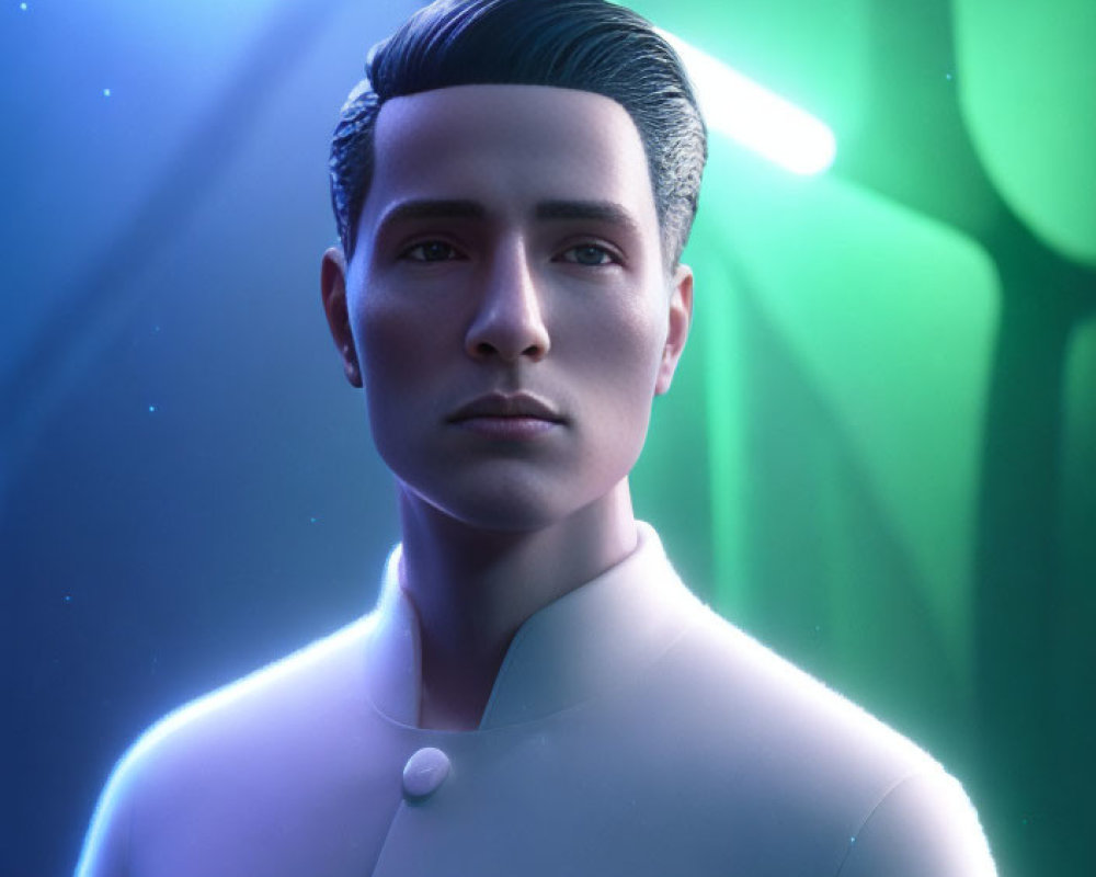 Male humanoid digital art portrait with slicked-back hair under blue and green neon lights