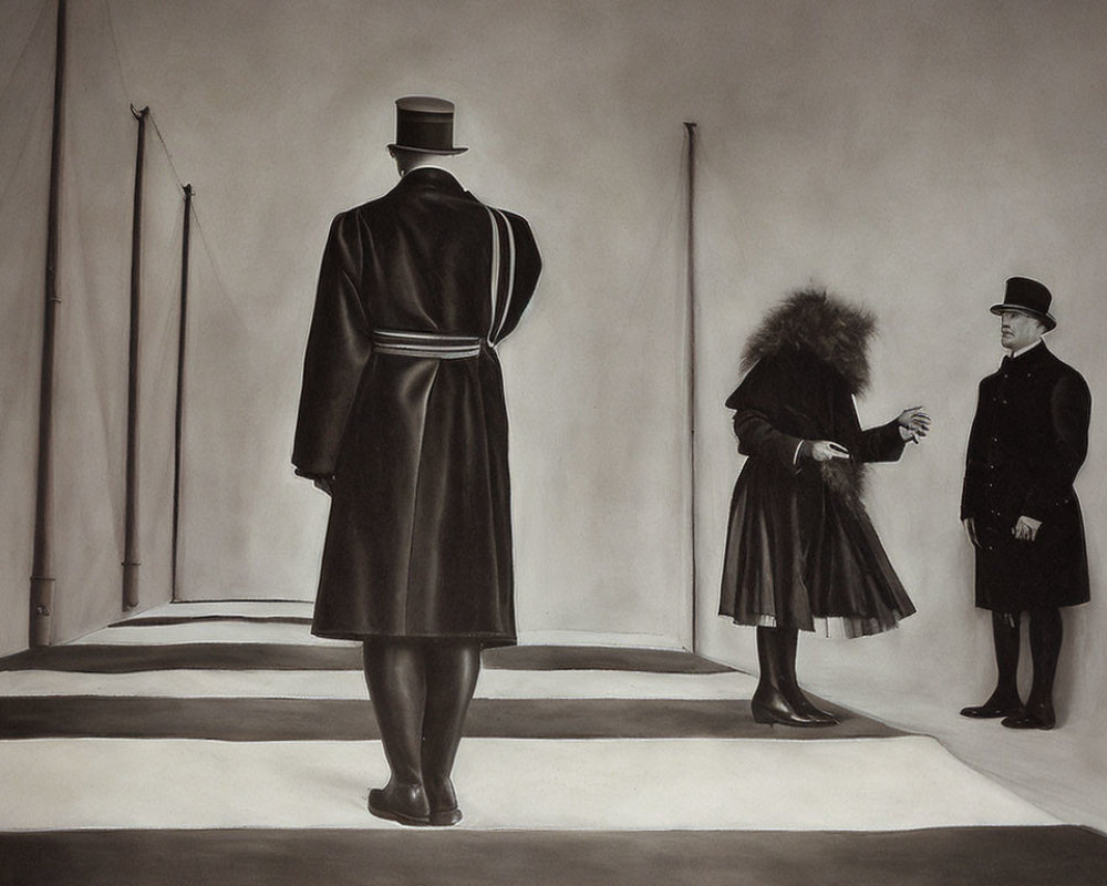 Monochrome painting: Three figures in vintage attire on striped platforms