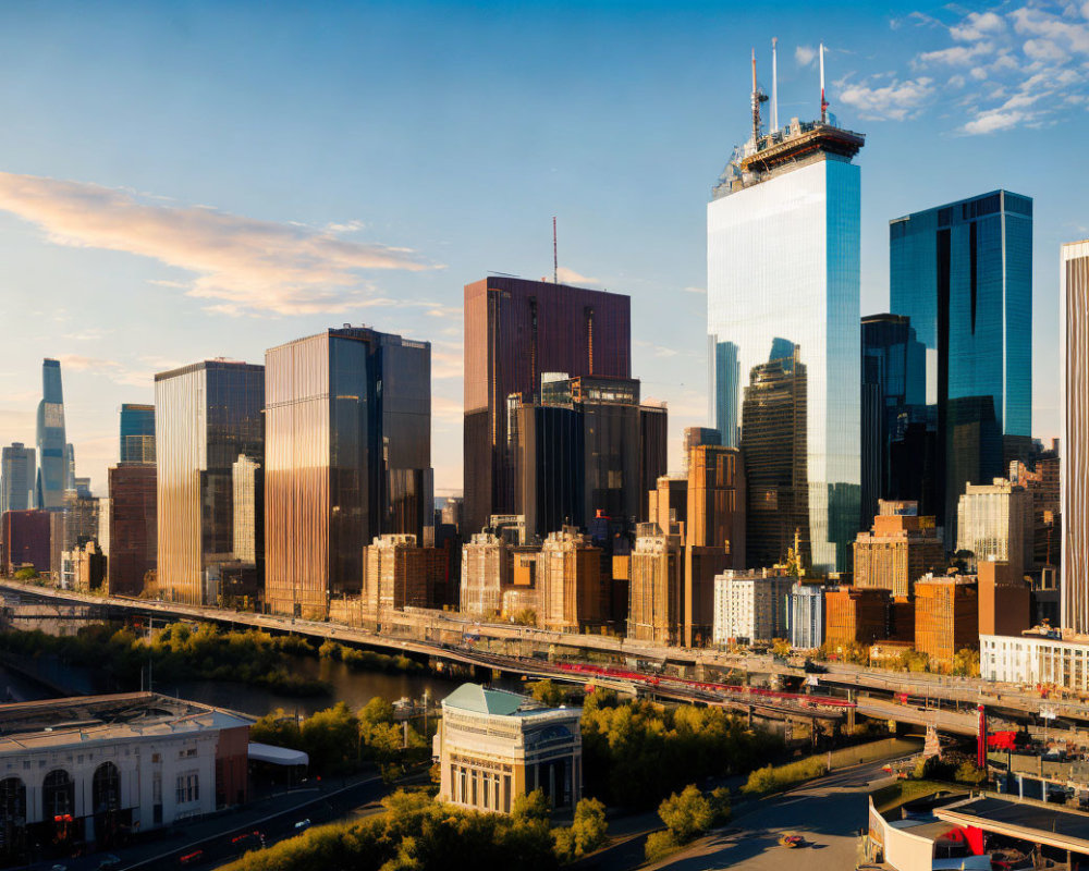 Urban skyline at sunset with skyscrapers and river view