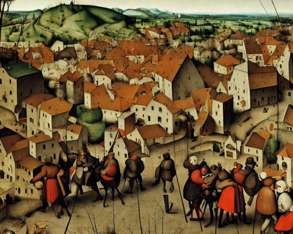 Medieval landscape painting of a bustling village with people and buildings on green hills