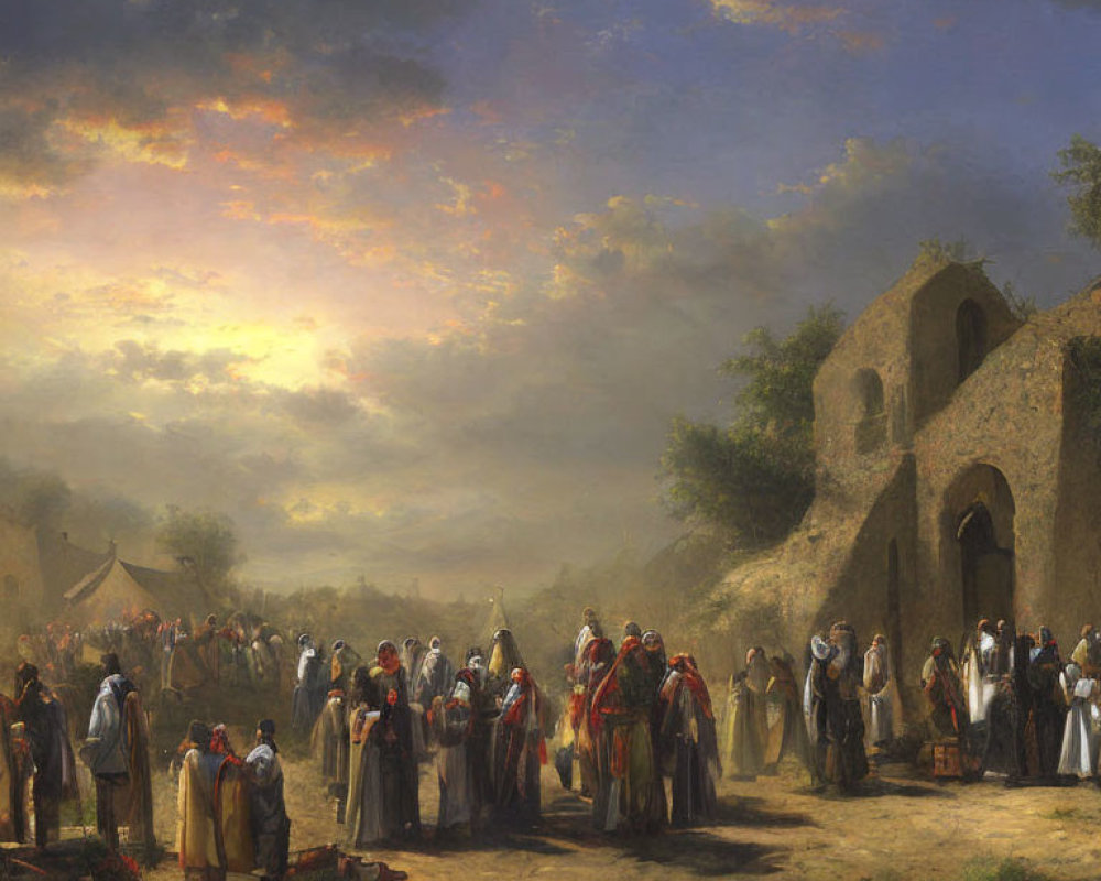 Historical painting of people in traditional clothing near old buildings at sunrise or sunset