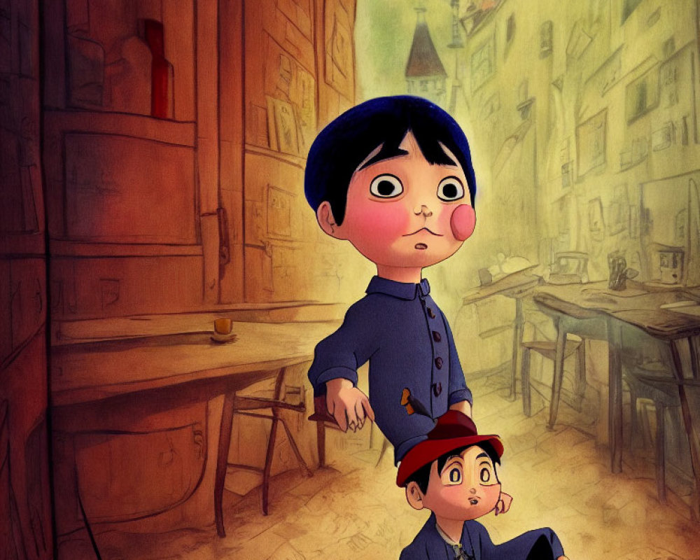 Cartoon image featuring a small boy with a red nose in a blue suit and another character anxiously