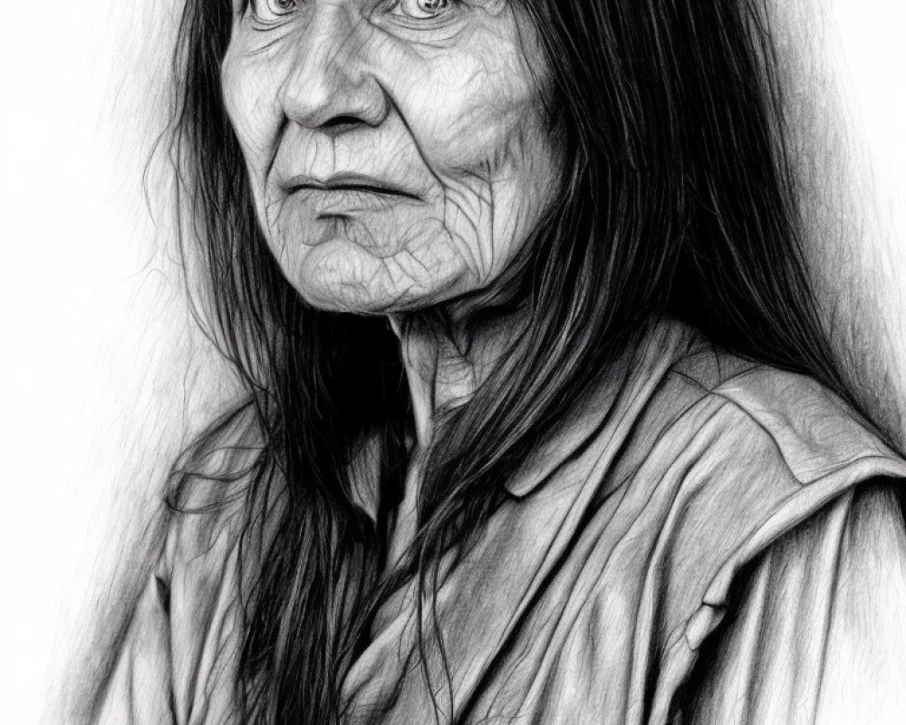 Elderly person sketch: long hair, facial lines, serious expression