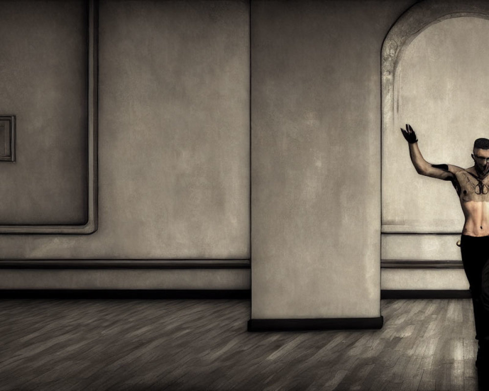 Tattooed man dancing in room with classical architecture