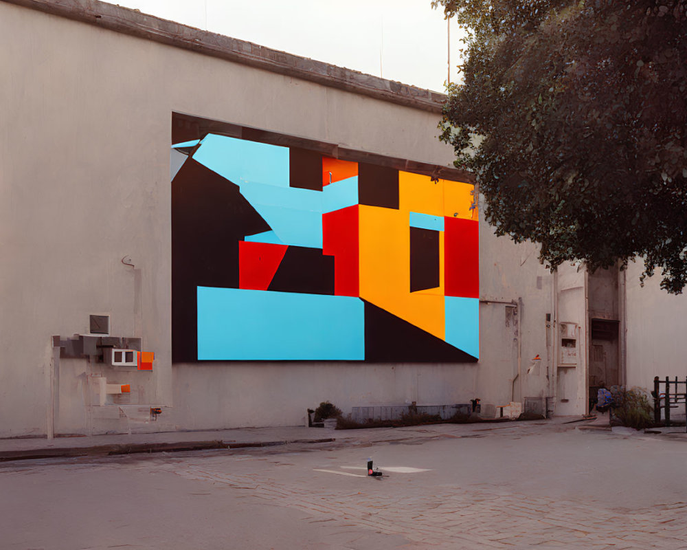 Vibrant abstract mural on industrial building wall with geometric shapes in blue, red, and orange.