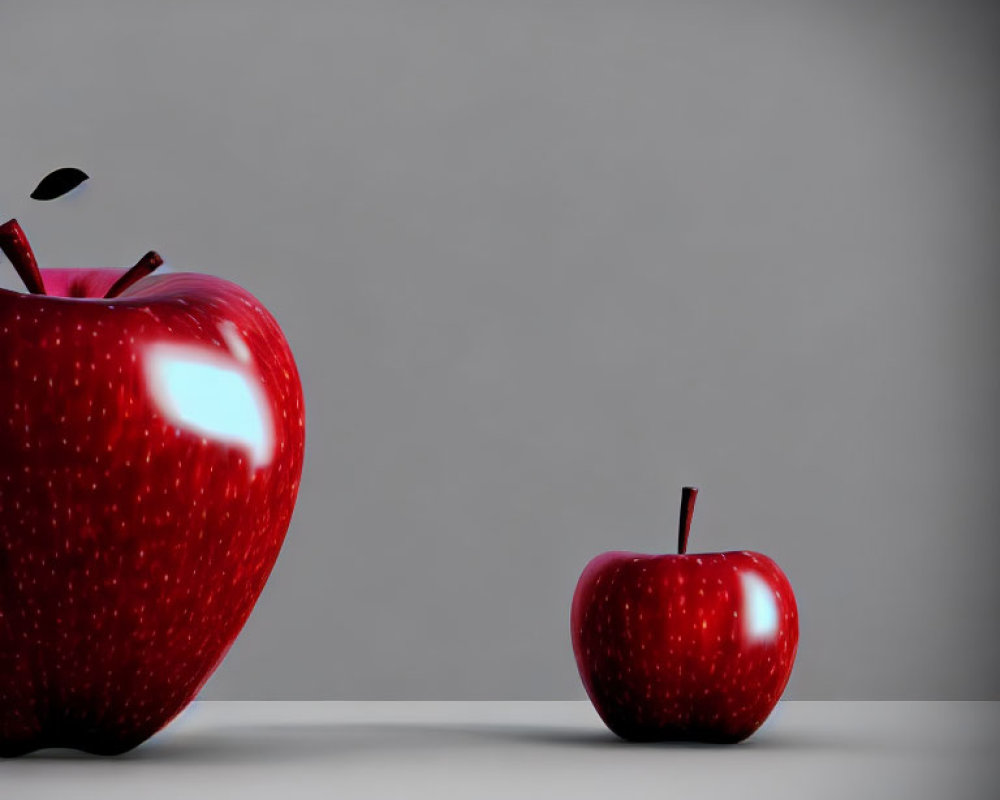 Two apples on glossy surface with reflections on gray background