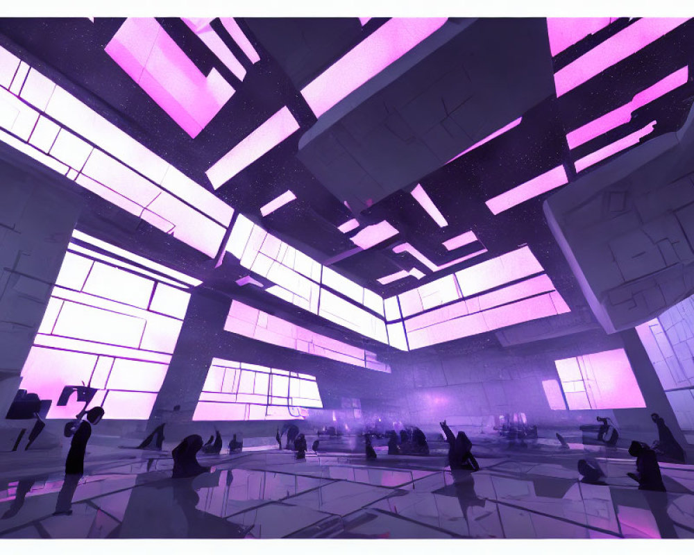 Spacious Interior with Purple Lighting and Modern Architecture