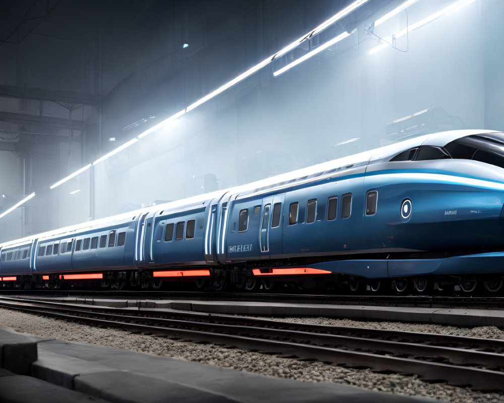 Modern high-speed train at station with bright lights and red underglow.