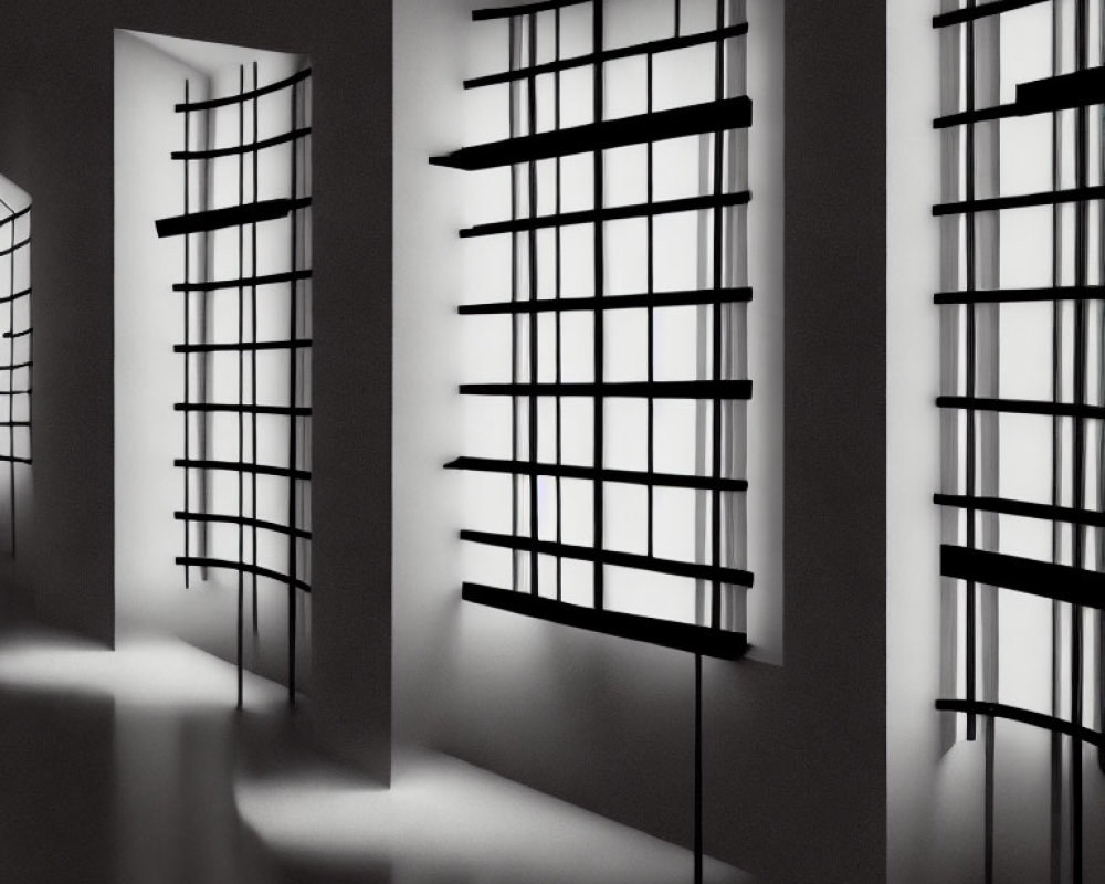 Monochrome interior with grid-patterned windows casting shadows