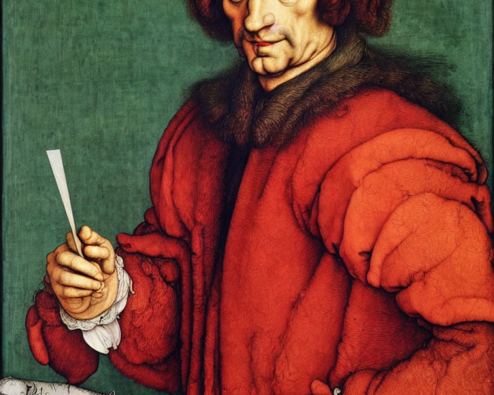 Man with Shoulder-Length Curly Hair in Red Jacket Holding Letter by Map