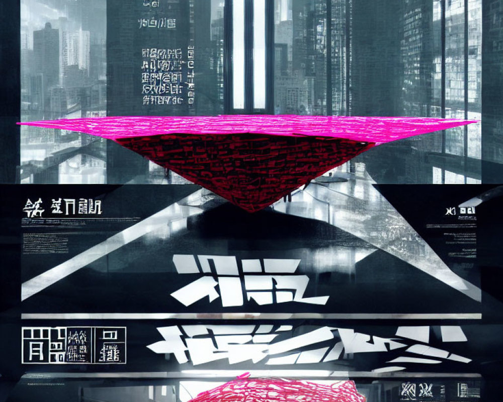 Neon pink inverted pyramid in futuristic cityscape